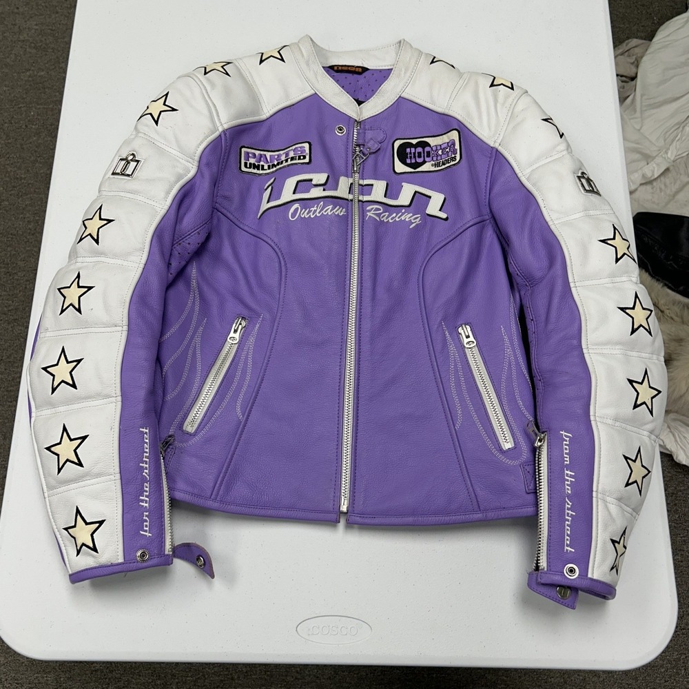 Icon Kitty Jacket Womens Large Purple Excellent Outlaw Racing Leather Star Moto